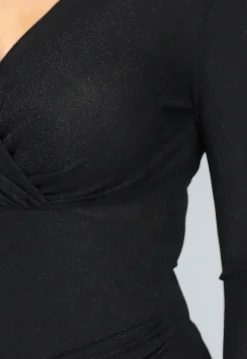 Zwarte Overslag Glitter Jurk met Schoudervulling