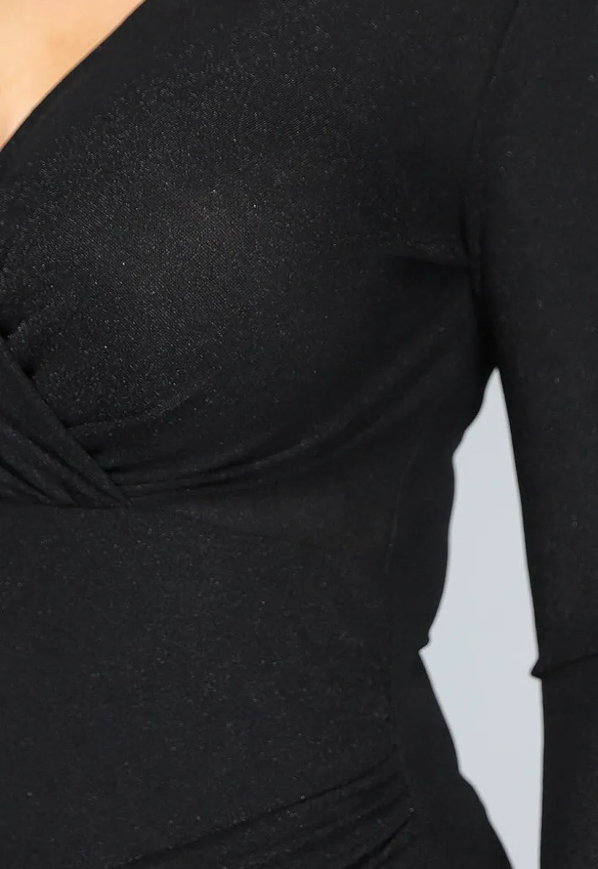 Zwarte Overslag Glitter Jurk met Schoudervulling