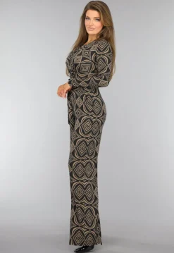 Zwarte Overslag Jumpsuit met Bruin Ruit Patroon
