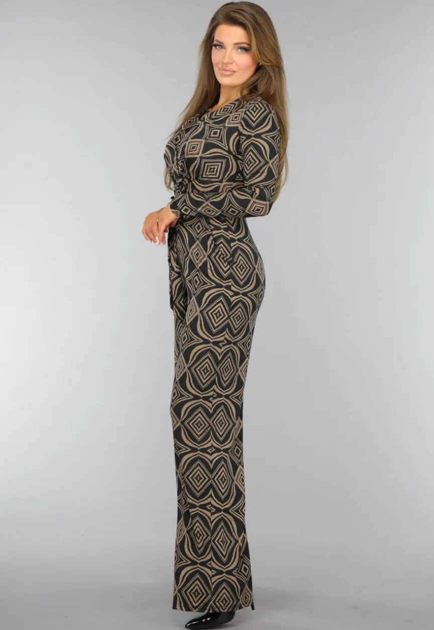 Zwarte Overslag Jumpsuit met Bruin Ruit Patroon