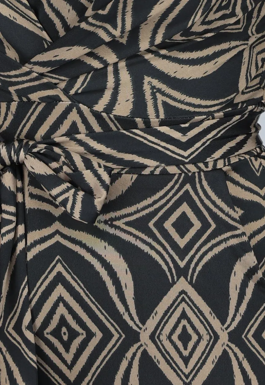 Zwarte Overslag Jumpsuit met Bruin Ruit Patroon
