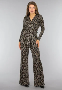 Zwarte Overslag Jumpsuit met Bruin Ruit Patroon