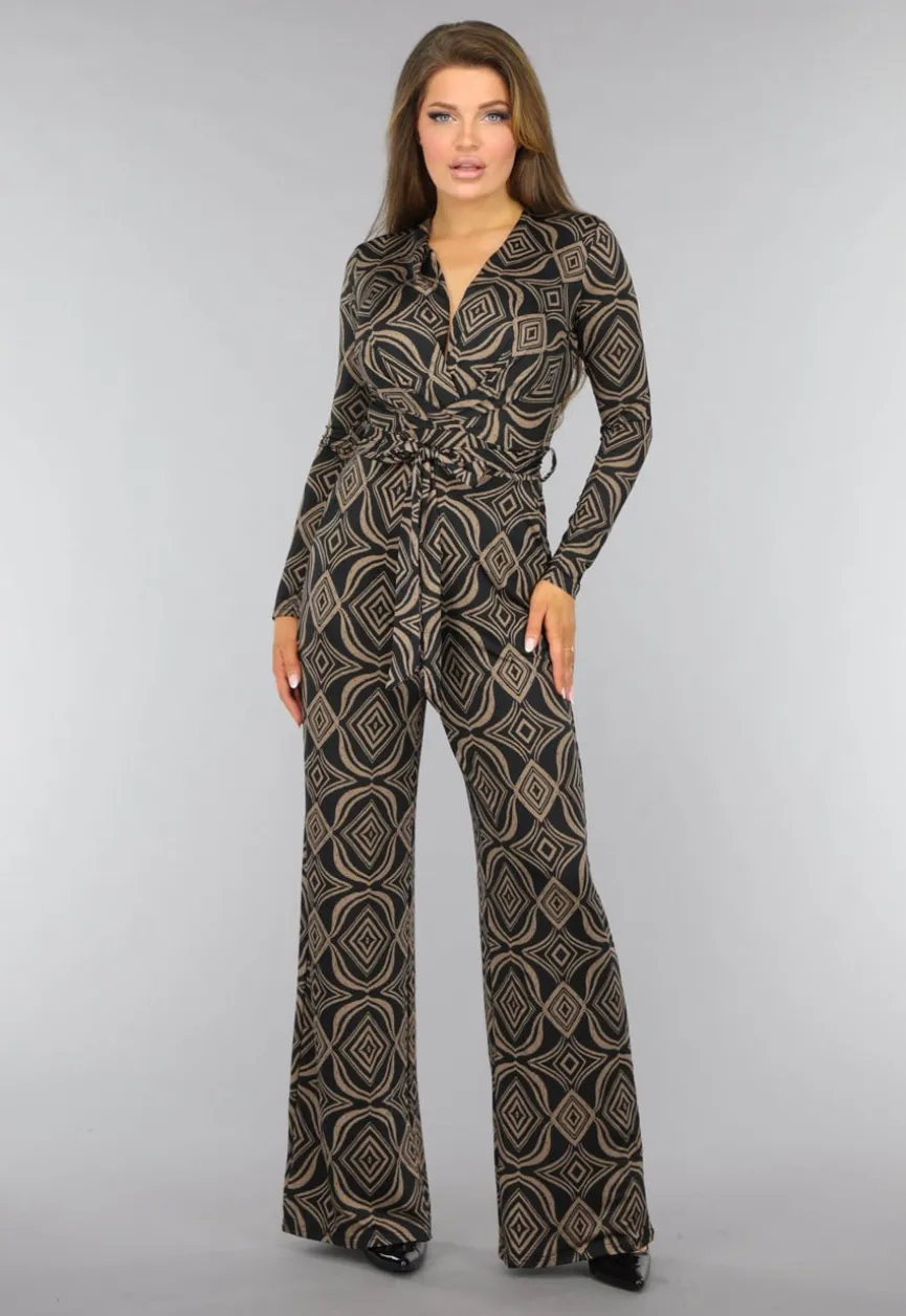 Zwarte Overslag Jumpsuit met Bruin Ruit Patroon