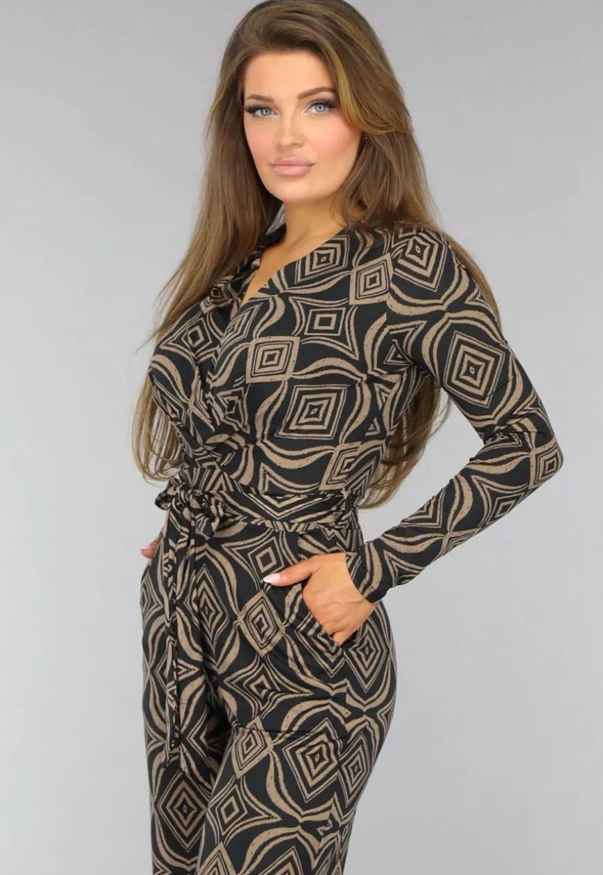 Zwarte Overslag Jumpsuit met Bruin Ruit Patroon