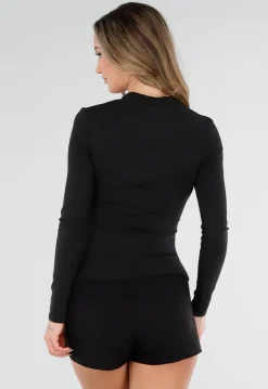 Zwarte Overslag Top met Lange Mouwen en Stretch