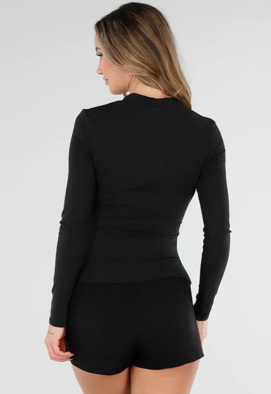 Zwarte Overslag Top met Lange Mouwen en Stretch