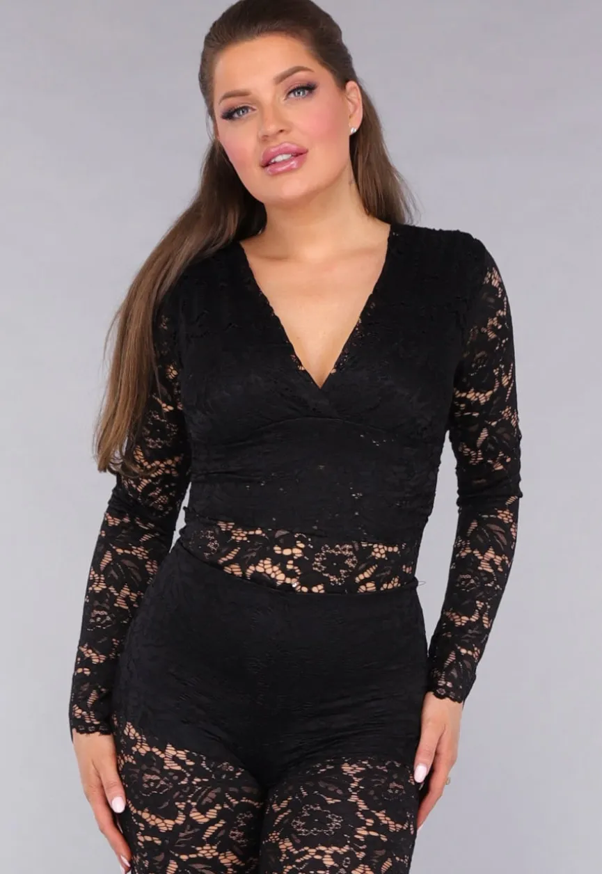 Zwarte Padded Lace Bodysuit met Lange Mouwen