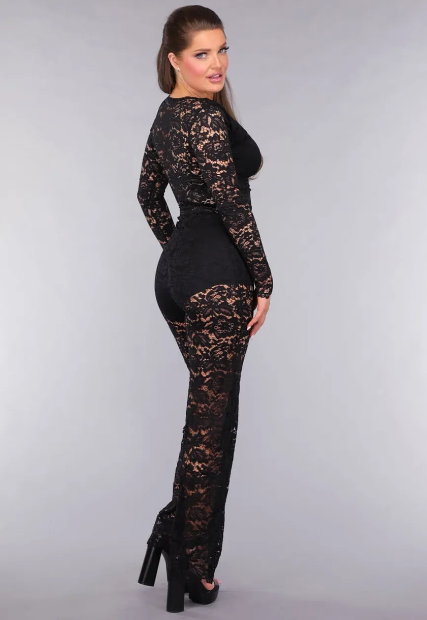 Zwarte Padded Lace Bodysuit met Lange Mouwen