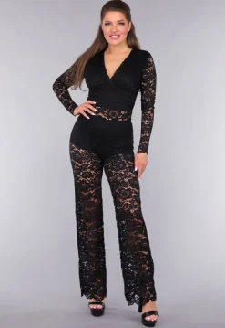 Zwarte Padded Lace Bodysuit met Lange Mouwen