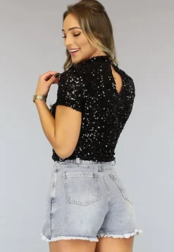 Zwarte Pailletten Top met Hoge Halslijn