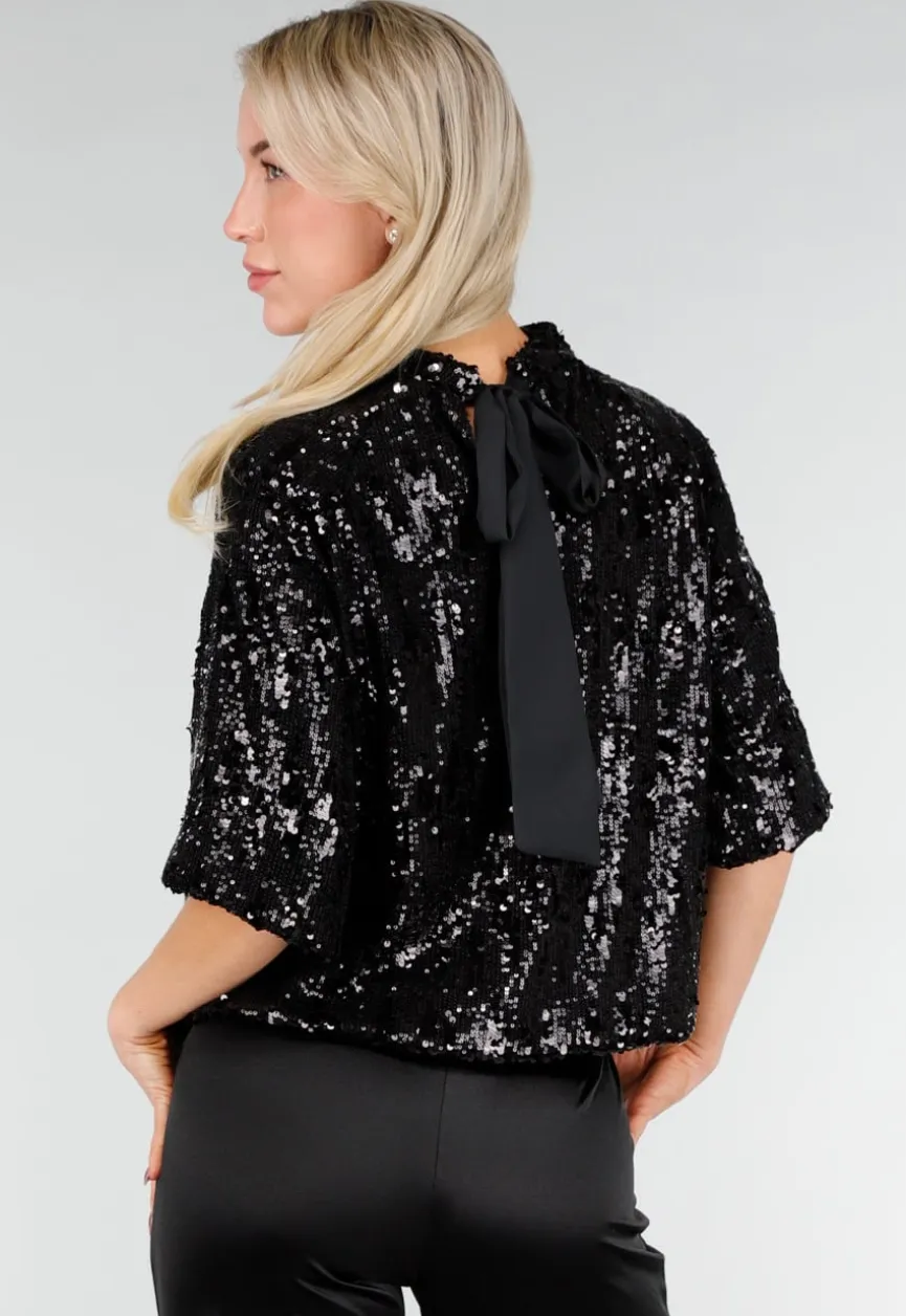 Zwarte Pailletten Top met Korte Mouwen