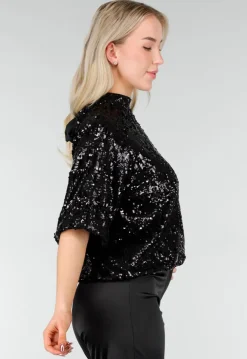 Zwarte Pailletten Top met Korte Mouwen