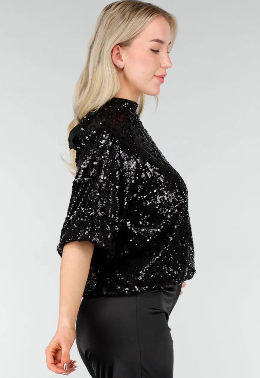 Zwarte Pailletten Top met Korte Mouwen