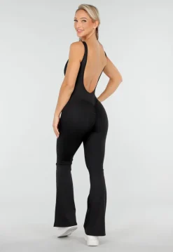 Zwarte Pilates Jumpsuit Met Flared Pijpen en Open Rug