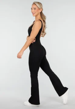 Zwarte Pilates Jumpsuit Met Flared Pijpen en Open Rug