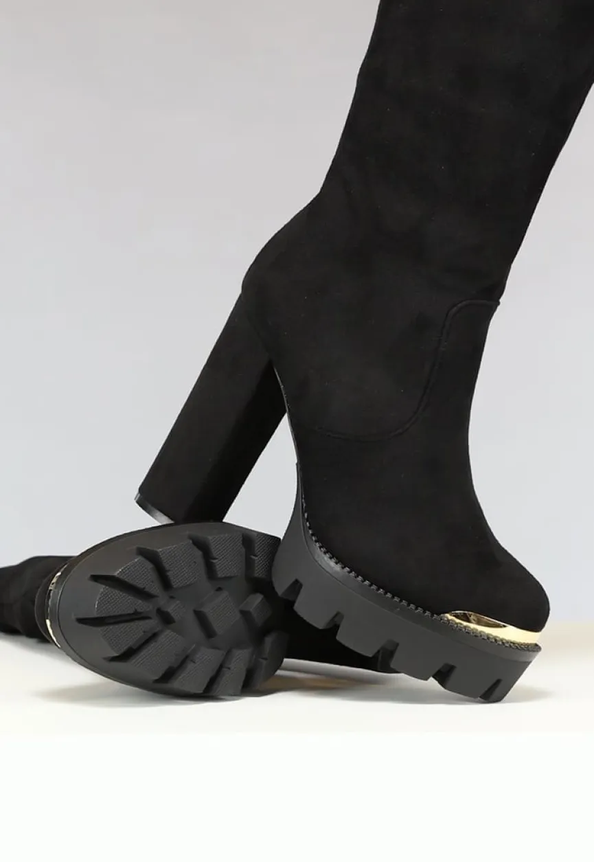 Zwarte Plateau Knielaarzen met Gouden Details