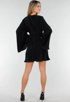 Zwarte Plissé Jurk met Wijde Mouwen en Gerimpelde Taille