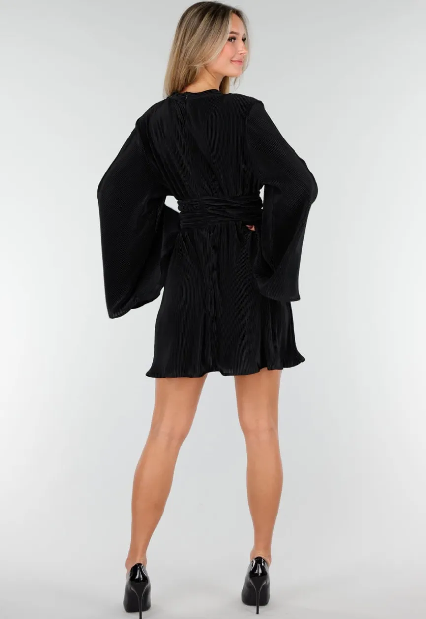 Zwarte Plissé Jurk met Wijde Mouwen en Gerimpelde Taille
