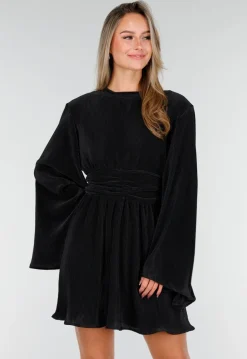 Zwarte Plissé Jurk met Wijde Mouwen en Gerimpelde Taille