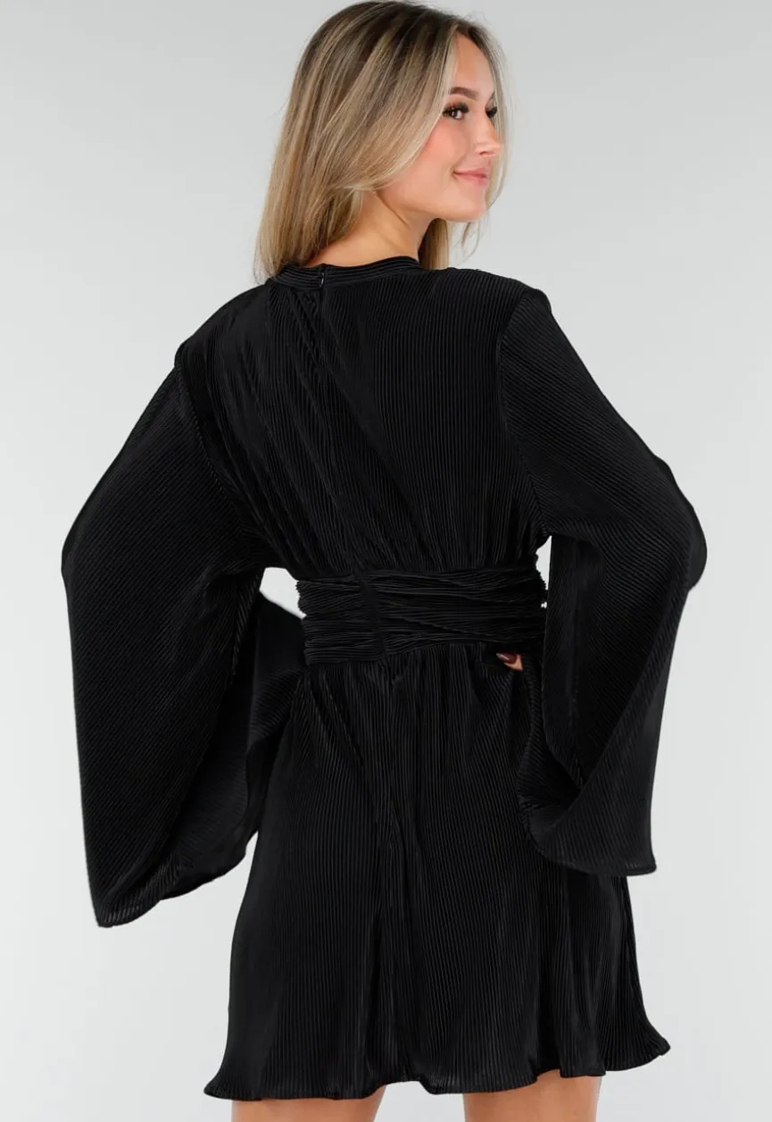 Zwarte Plissé Jurk met Wijde Mouwen en Gerimpelde Taille