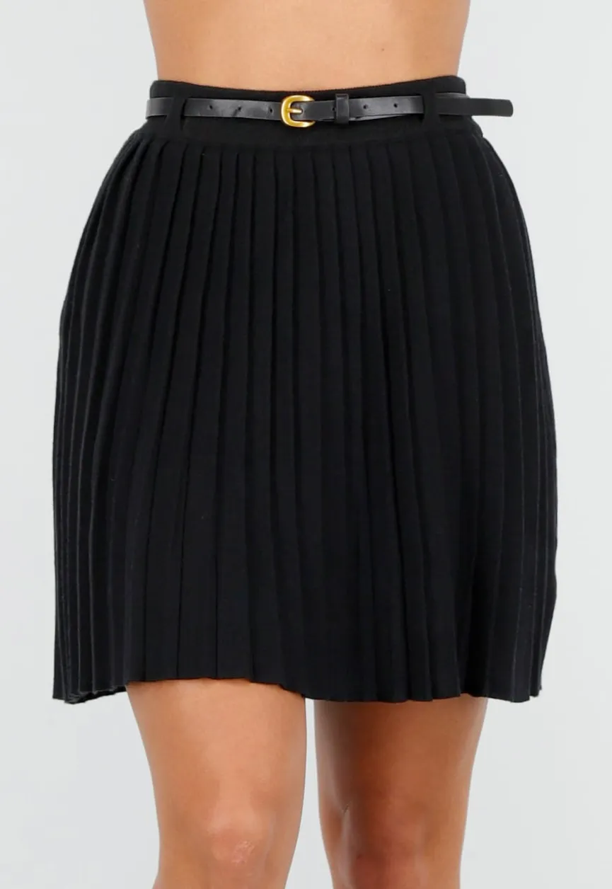 Zwarte Plissé Stretch Rok met Afneembare Riem