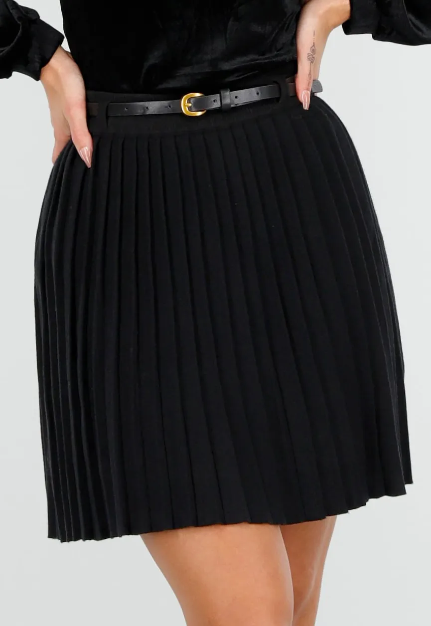 Zwarte Plissé Stretch Rok met Afneembare Riem