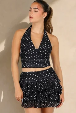 Zwarte Polkadot Halter Top met Ruffle Skort Set