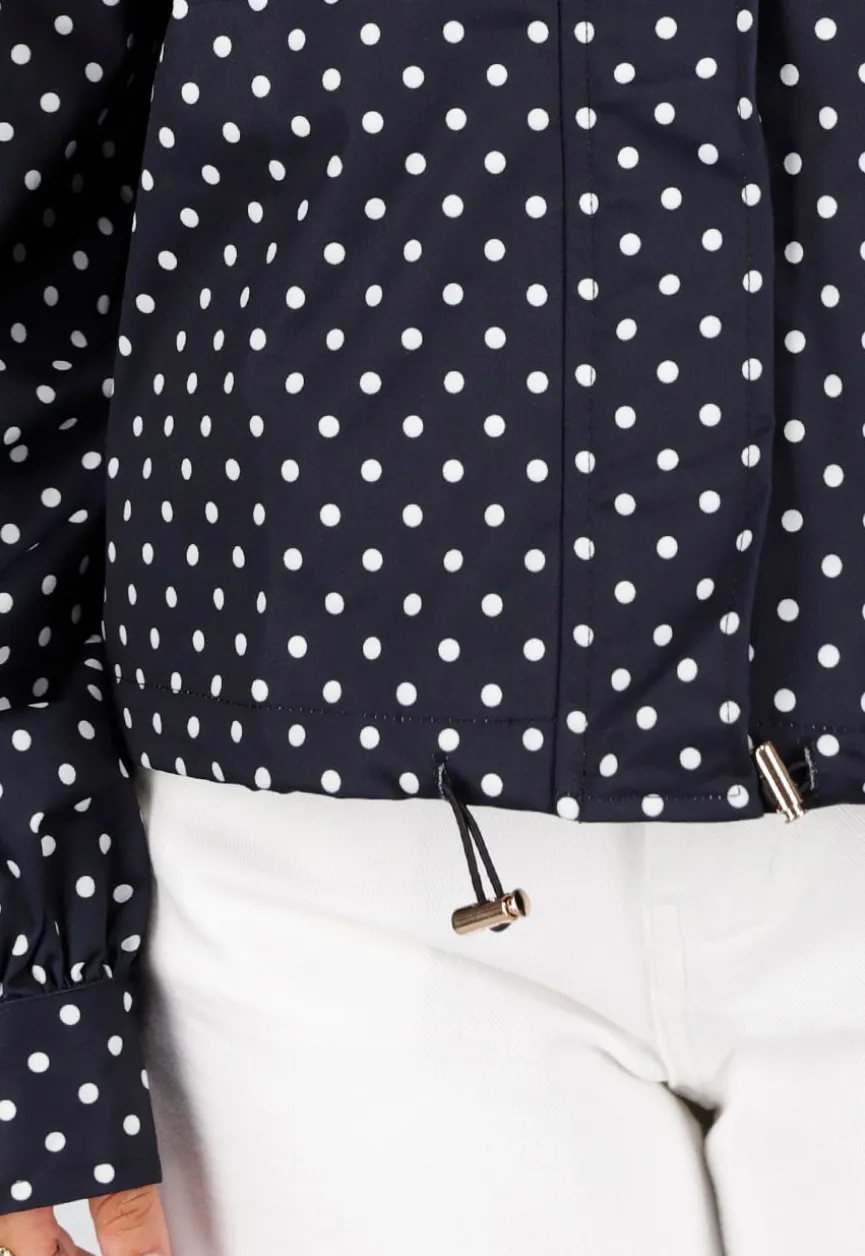 Zwarte Polkadot Jas met Hoge Kraag, Ritssluiting en Trekkoord