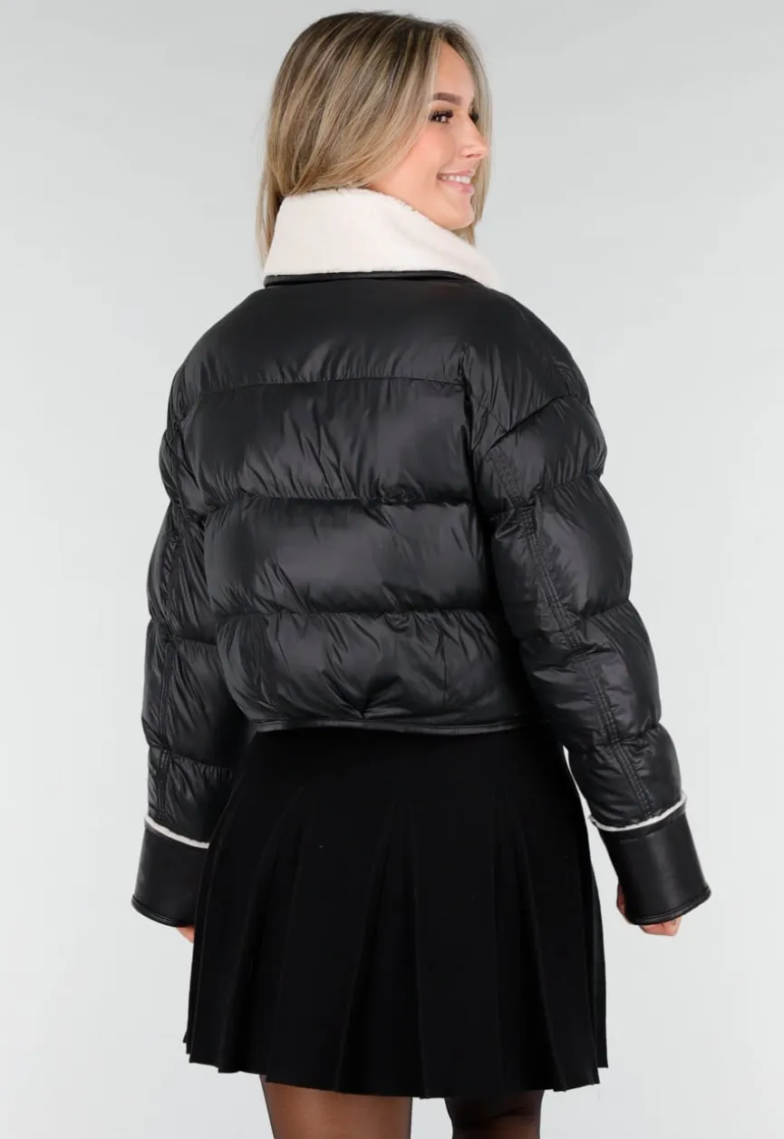 Zwarte Pufferjas met Witte Sherpa Fleece Kraag