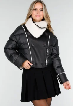 Zwarte Pufferjas met Witte Sherpa Fleece Kraag