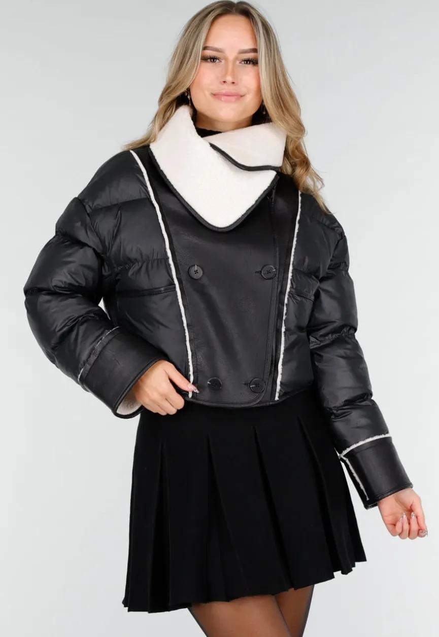 Zwarte Pufferjas met Witte Sherpa Fleece Kraag