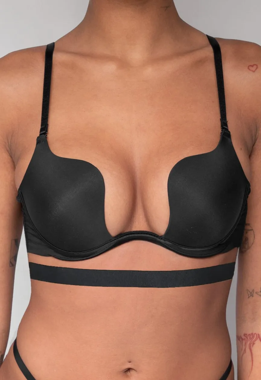 Zwarte Push Up BH met Lage Uitsnede en Beugels