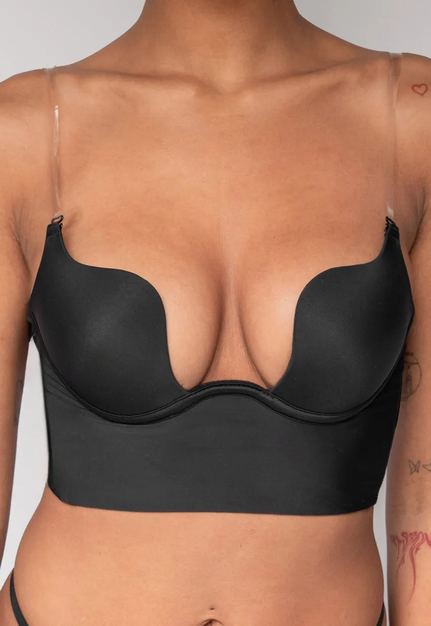 Zwarte Push Up BH met V Hals en Lage Rug