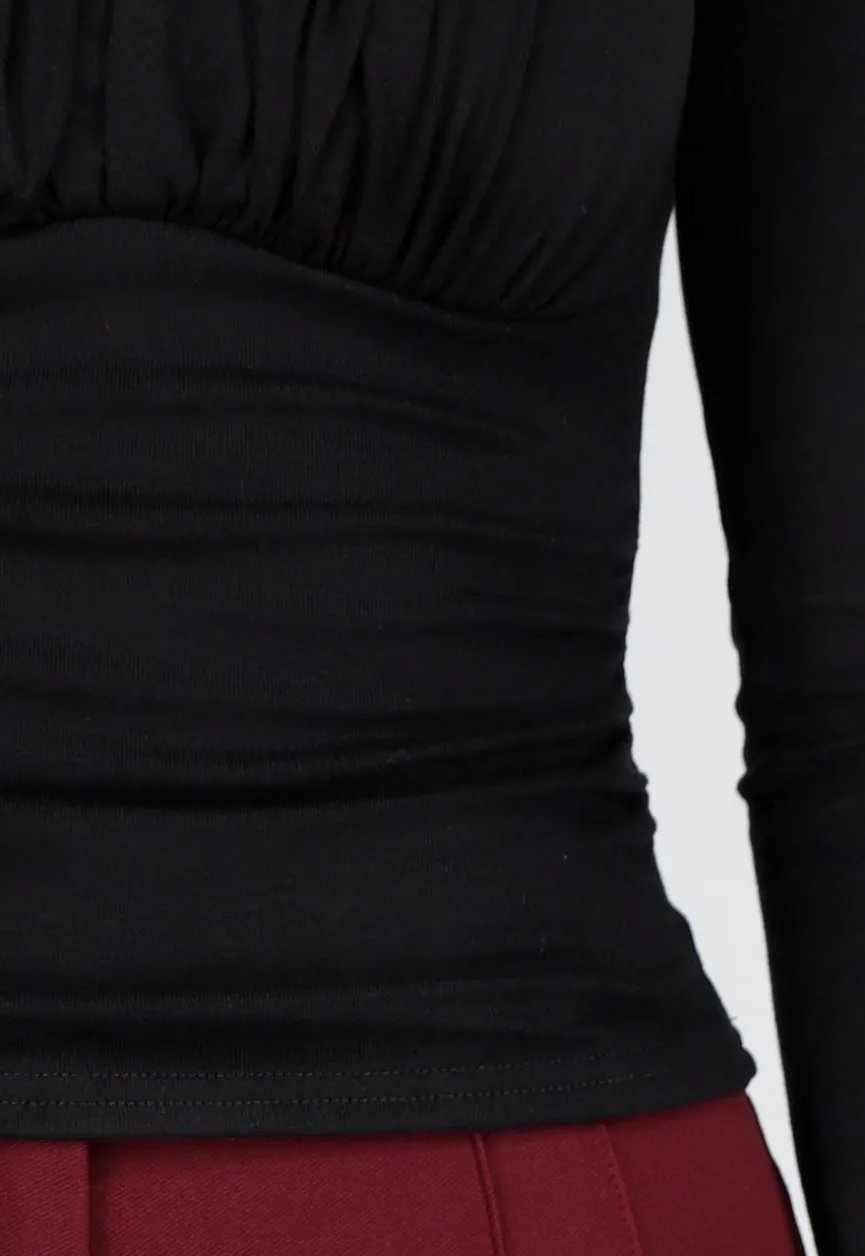 Zwarte Push-Up Longsleeve Top met Gerimpelde Bustier