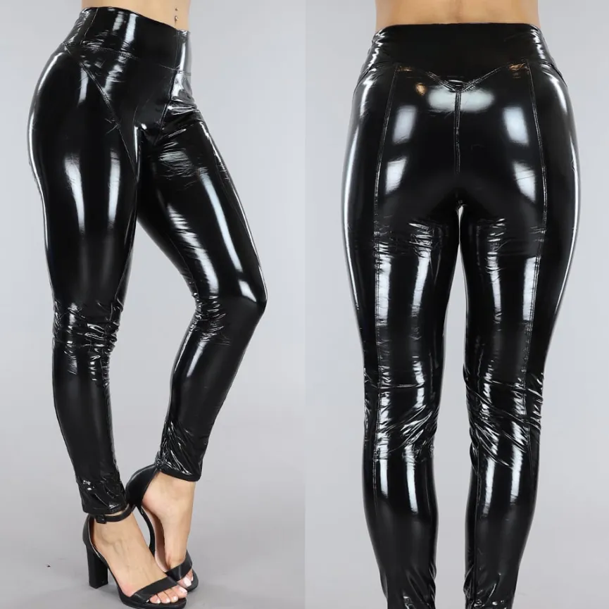Zwarte PVC Legging met Stiksels