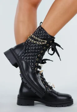 Zwarte Quilted Veterboots met Chunky Zool en Ketting
