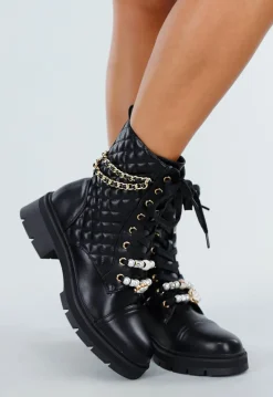Zwarte Quilted Veterboots met Chunky Zool en Ketting