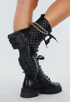 Zwarte Quilted Veterboots met Chunky Zool en Ketting
