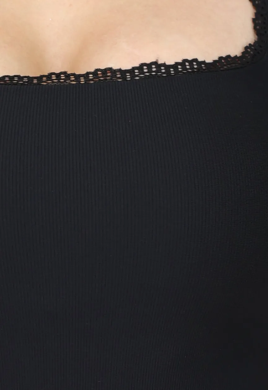 Zwarte Rib Bodysuit met Korte Mouwen