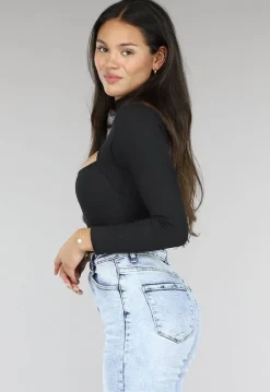 Zwarte Rib Bodysuit met Uitsnede