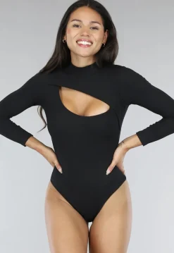 Zwarte Rib Bodysuit met Uitsnede