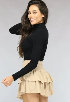 Zwarte Ribgebreide Turtleneck Bodysuit met Lange Mouwen