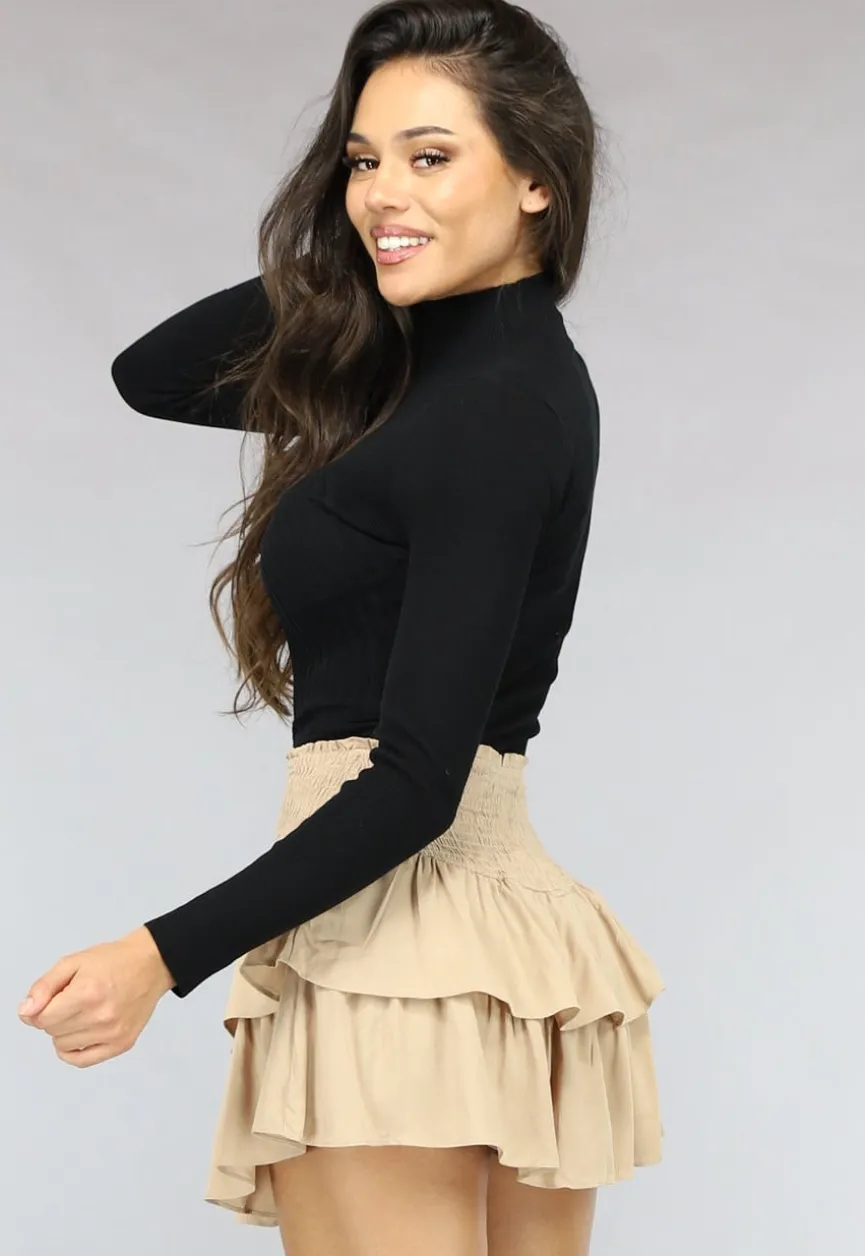 Zwarte Ribgebreide Turtleneck Bodysuit met Lange Mouwen