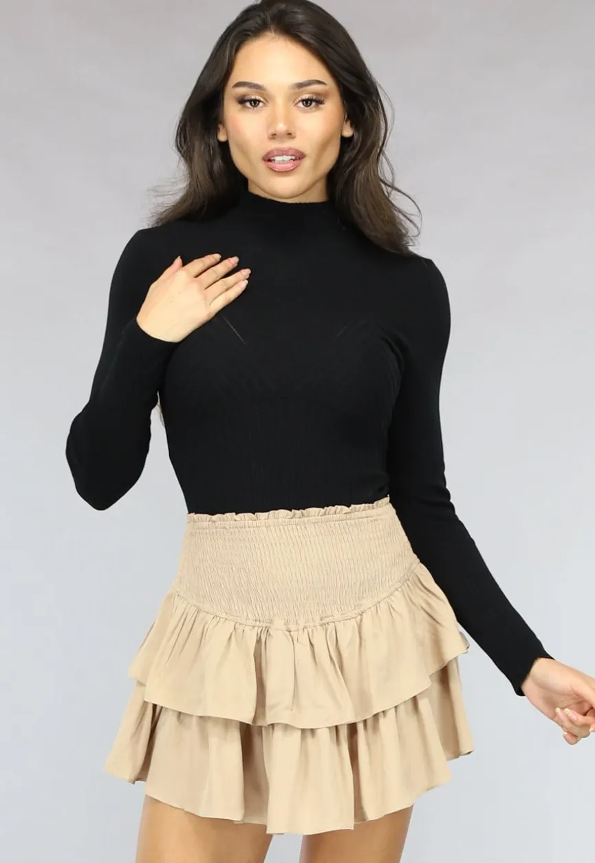 Zwarte Ribgebreide Turtleneck Bodysuit met Lange Mouwen