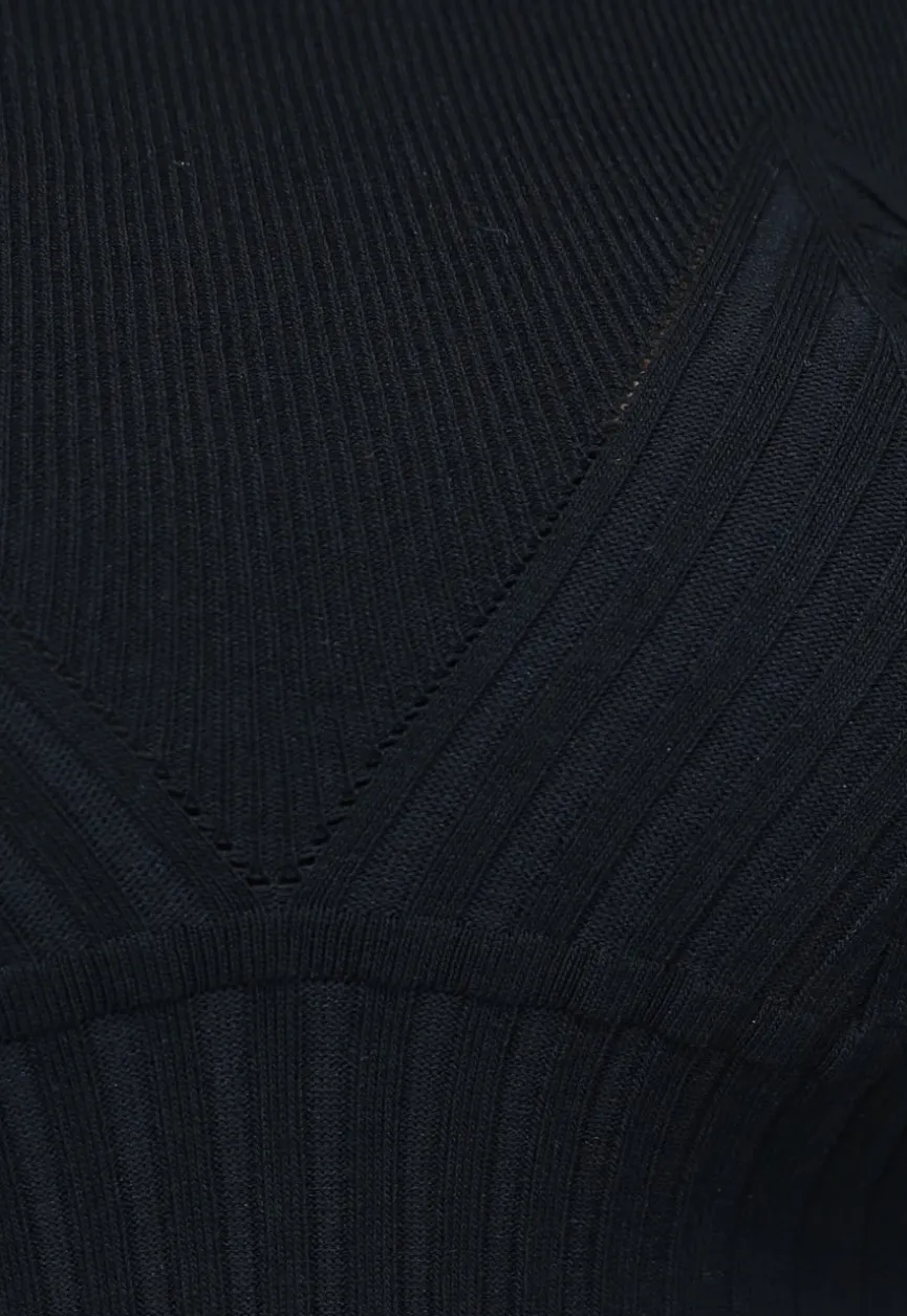 Zwarte Ribgebreide Turtleneck Bodysuit met Lange Mouwen