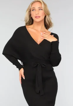 Zwarte Rib Midi Jurk met Tailleband