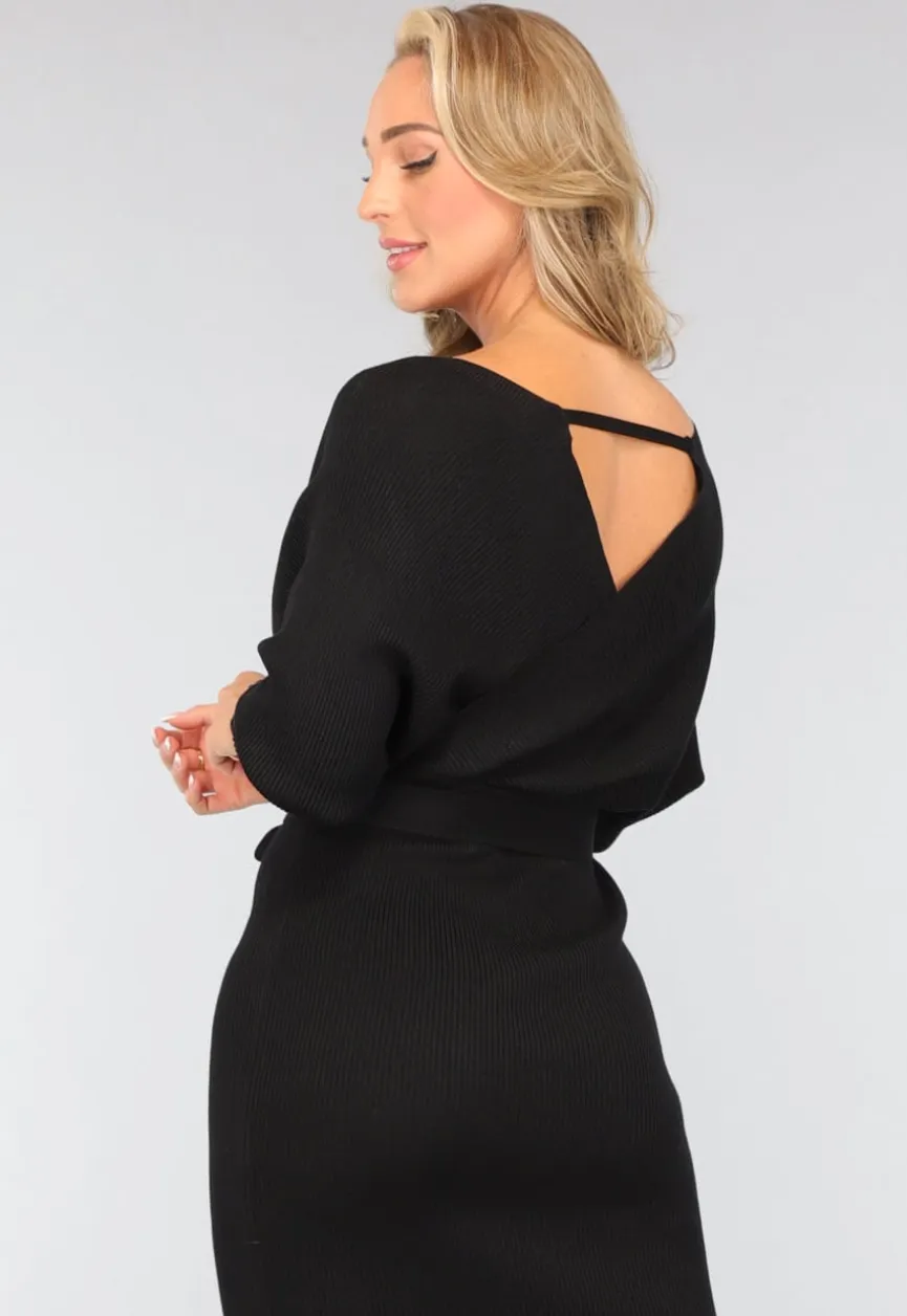 Zwarte Rib Midi Jurk met Tailleband