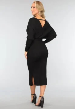 Zwarte Rib Midi Jurk met Tailleband