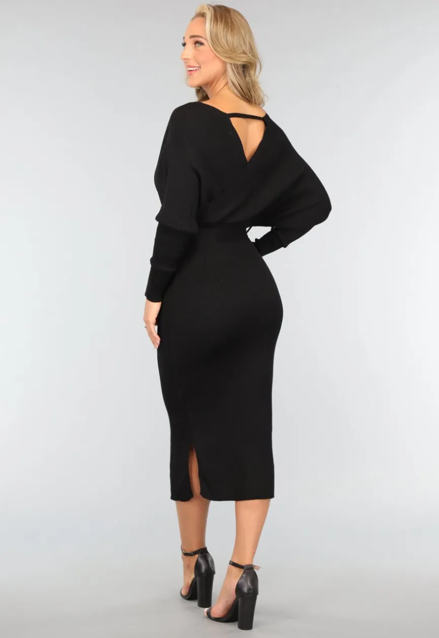 Zwarte Rib Midi Jurk met Tailleband