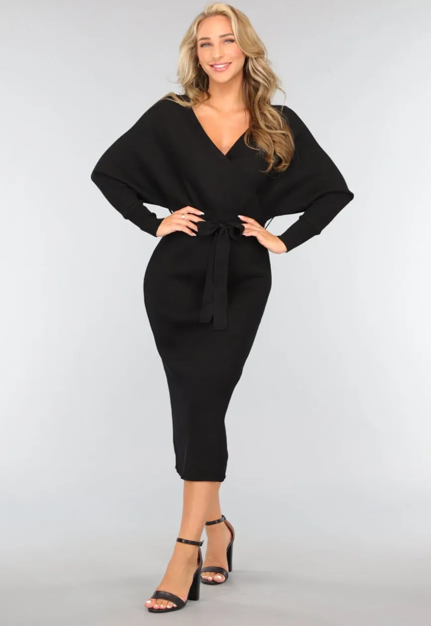 Zwarte Rib Midi Jurk met Tailleband